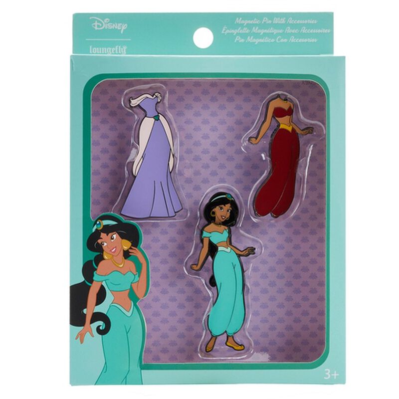 Image of Jasmine Paper Doll Pin Set, featuring her teal outfit, red outfit, and purple dress outfit.